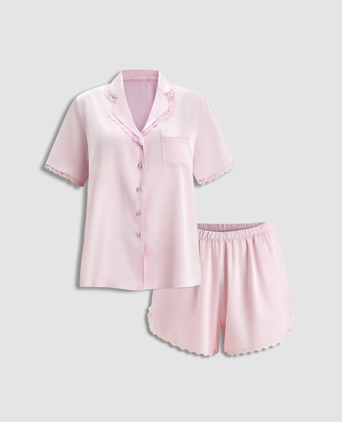 VERA - Bộ pijama ngắn nữ satin trơn phối ren