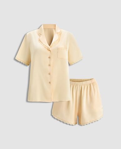  VERA - Bộ pijama ngắn nữ satin trơn phối ren 