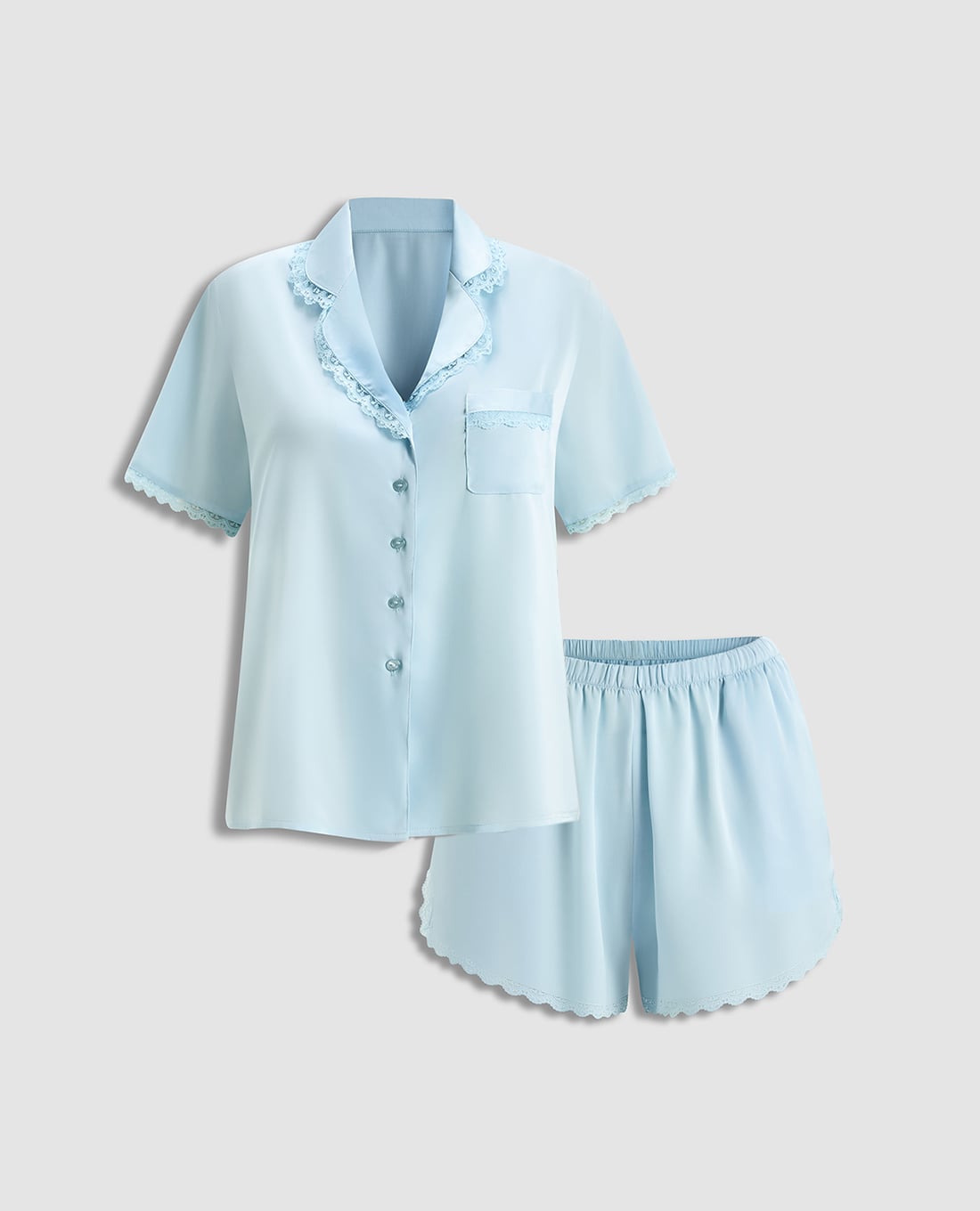 VERA - Bộ pijama ngắn nữ satin trơn phối ren