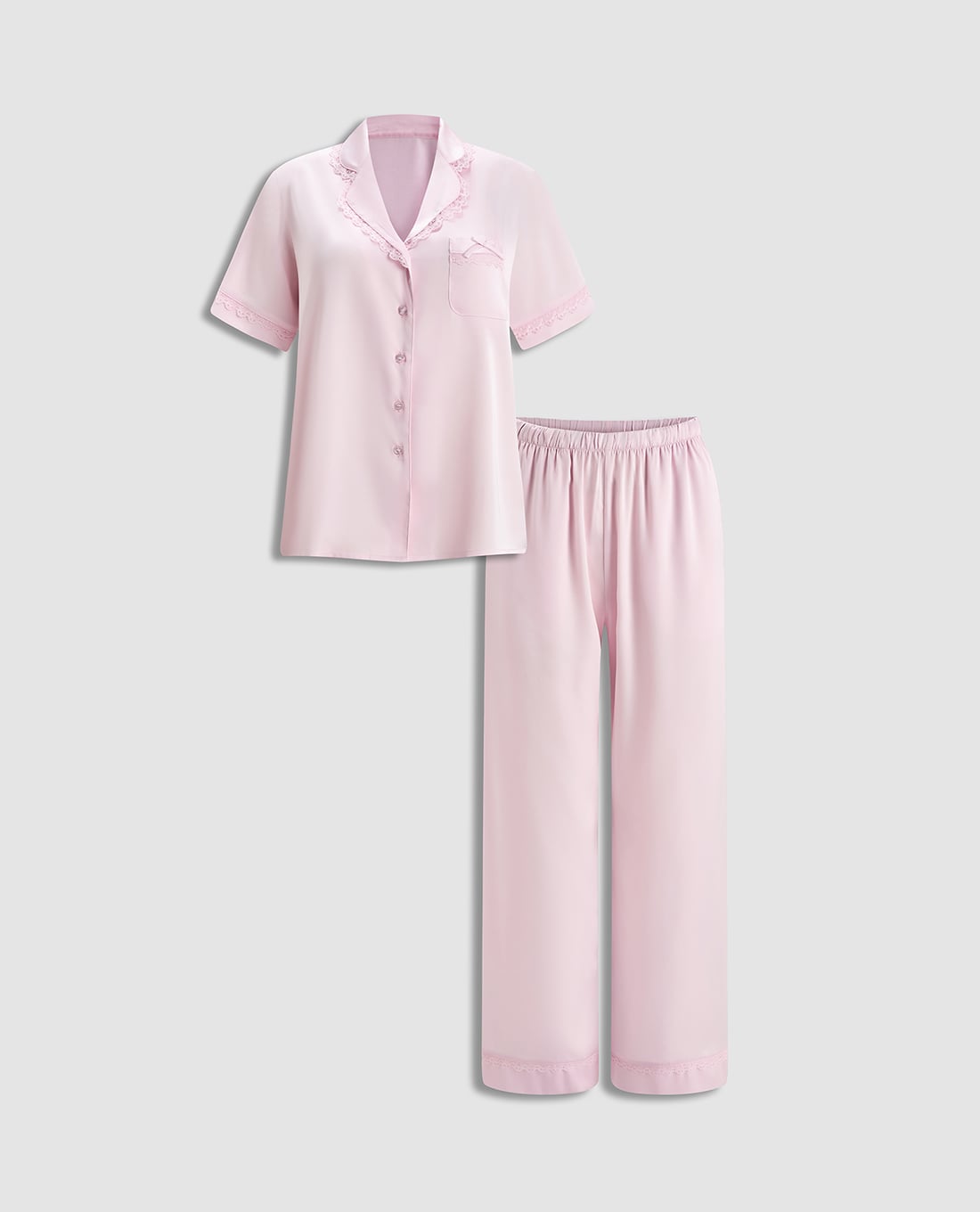 VERA - Bộ pijama dài nữ satin trơn phối ren