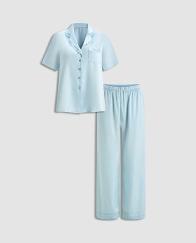  VERA - Bộ pijama dài nữ satin trơn phối ren 