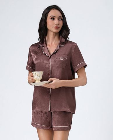 VERA - Bộ pijama ngắn nữ tay ngắn satin phối họa tiết 