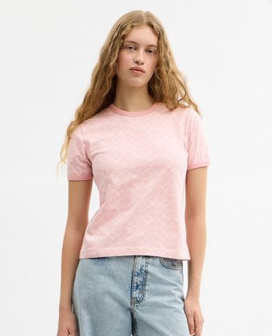  COACH - Áo thun nữ cổ tròn tay ngắn Signature Ringer 