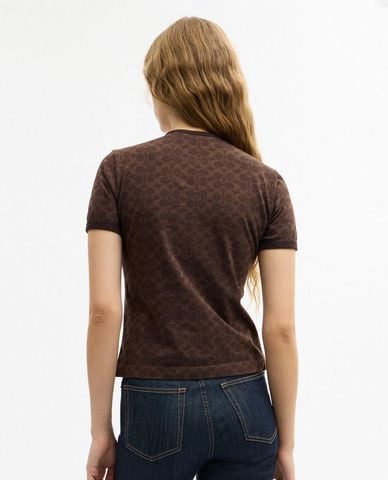  COACH - Áo thun nữ cổ tròn tay ngắn Signature Ringer 