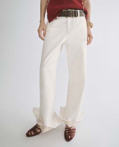  URBAN REVIVO - Quần jeans nữ ống rộng gập gấu kèm thắt lưng 