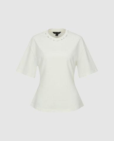  URBAN REVIVO - Áo kiểu nữ cổ tròn tay lửng đính đá 