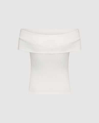  URBAN REVIVO - Áo trễ vai nữ tay ngắn phom ôm 