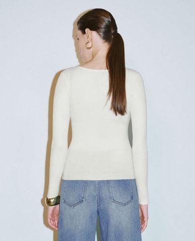  URBAN REVIVO - Áo dệt kim nữ cổ V tay dài phom ôm 