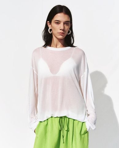  URBAN REVIVO - Áo kiểu nữ cổ tròn tay dài xuyên thấu 