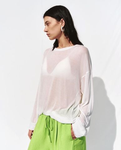  URBAN REVIVO - Áo kiểu nữ cổ tròn tay dài xuyên thấu 