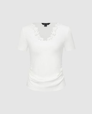  URBAN REVIVO - Áo kiểu nữ cổ V tay ngắn xếp nếp 