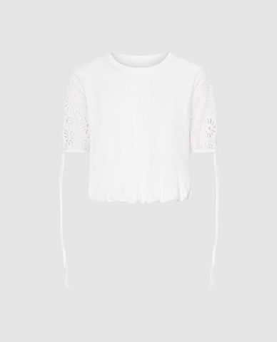  URBAN REVIVO - Áo kiểu nữ cổ tròn tay ngắn phối ren 