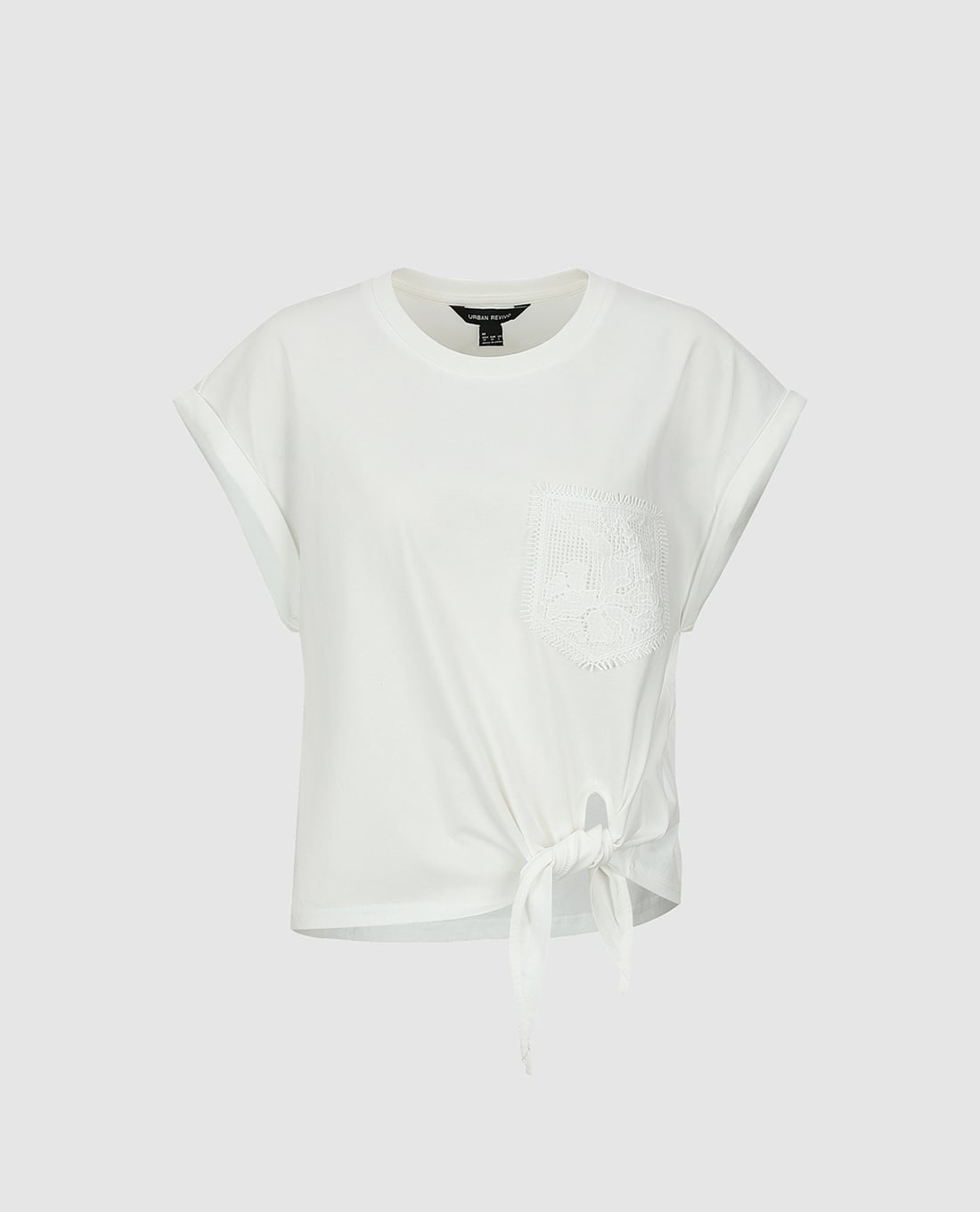 URBAN REVIVO - Áo kiểu nữ cổ tròn tay ngắn phối túi ren