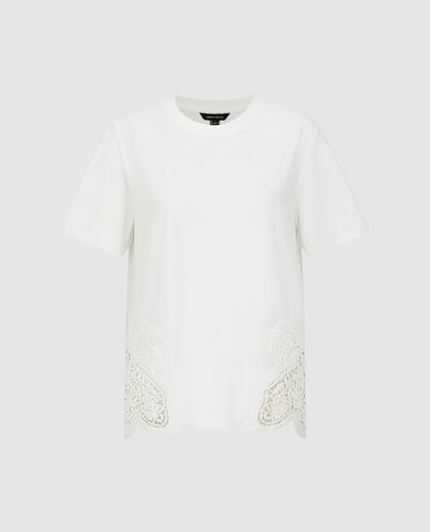  URBAN REVIVO - Áo thun nữ cổ tròn tay ngắn phối ren 