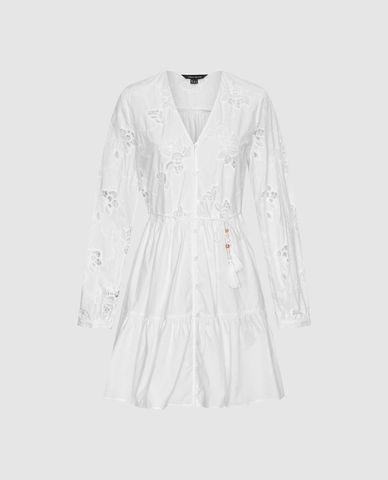  URBAN REVIVO - Đầm xếp tầng mini cổ V ren hoa 