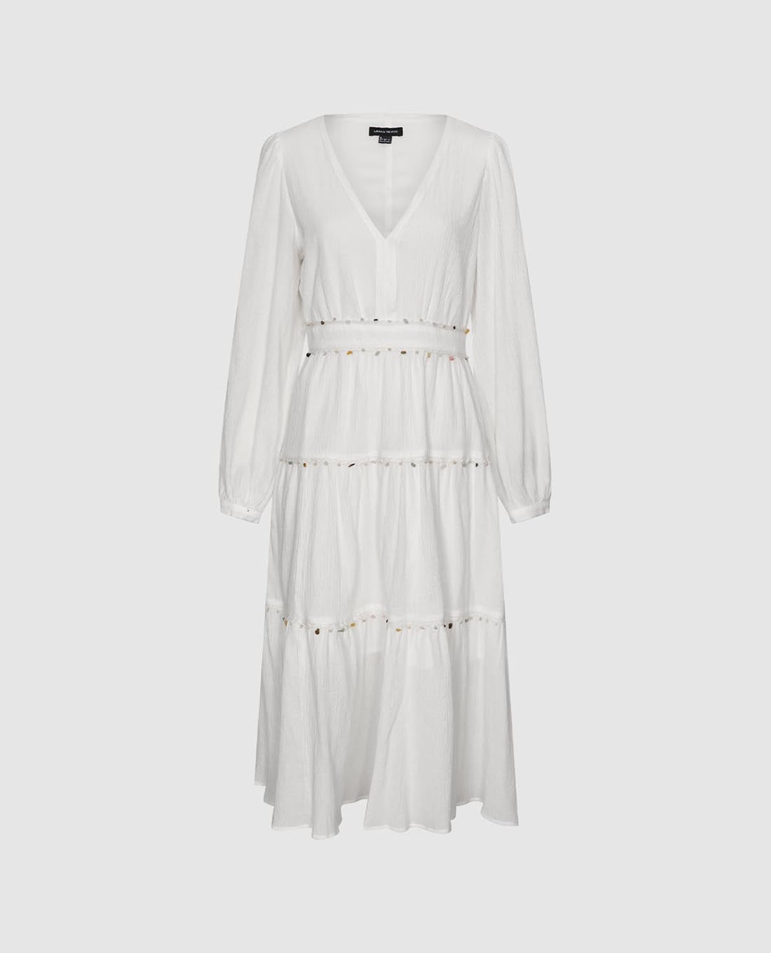 URBAN REVIVO - Đầm xếp tầng midi cổ V đính hạt