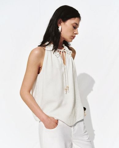  URBAN REVIVO - Áo kiểu nữ sát nách cổ V thắt nơ 