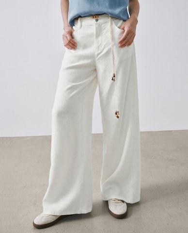  URBAN REVIVO - Quần jeans nữ ống rộng phối dây thắt 