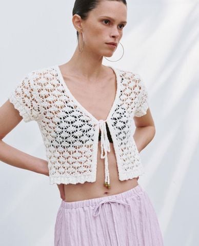  URBAN REVIVO - Áo khoác cardigan nữ tay ngắn buộc dây 