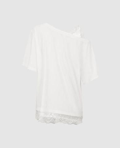  URBAN REVIVO - Áo trễ vai nữ tay ngắn ren phối ren 