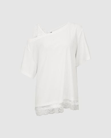  URBAN REVIVO - Áo trễ vai nữ tay ngắn ren phối ren 