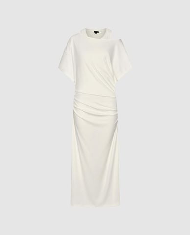  URBAN REVIVO - Đầm maxi lệch vai nhún eo 