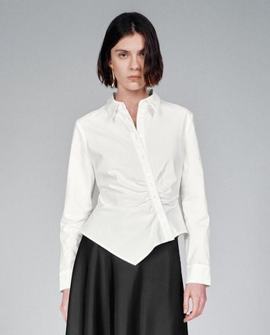  URBAN REVIVO - Áo sơ mi nữ cổ bẻ tay dài vạt bất đối xứng 