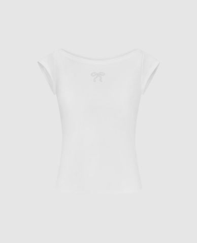  URBAN REVIVO - Áo thun nữ cổ thuyền phom ôm đính nơ 