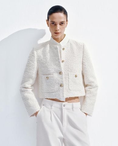  URBAN REVIVO - Áo khoác tweed nữ tay dài phom croptop 