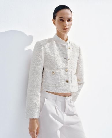  URBAN REVIVO - Áo khoác tweed nữ tay dài phom croptop 