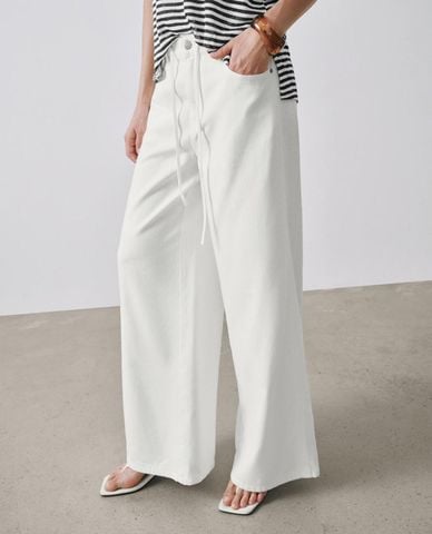  URBAN REVIVO - Quần jeans nữ ống rộng phối dây rút 