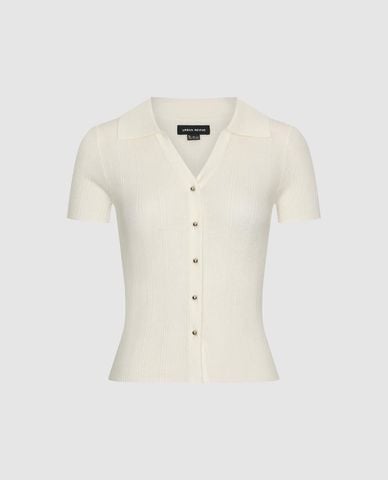  URBAN REVIVO - Áo dệt kim nữ cổ bẻ tay ngắn phối nút 