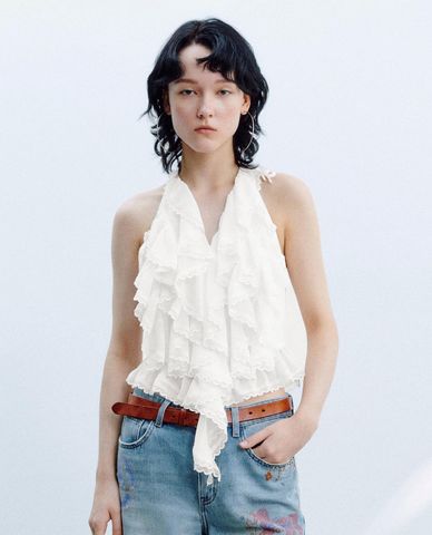  URBAN REVIVO - Áo kiểu nữ cổ yếm xếp tầng 