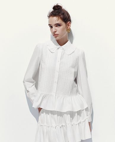  URBAN REVIVO - Áo sơ mi nữ cổ bèo tay dài dáng xoè 