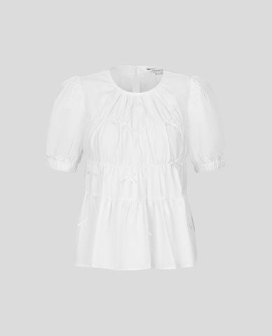  URBAN REVIVO - Áo kiểu nữ cổ tròn tay phồng nơ nhí 