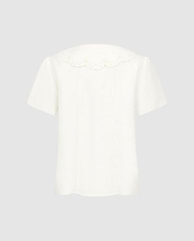  URBAN REVIVO - Áo sơ mi nữ cổ bèo tay ngắn phối ren 