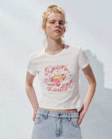  URBAN REVIVO - Áo croptop nữ cổ tròn tay ngắn 