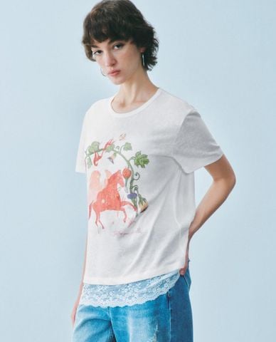  URBAN REVIVO - Áo thun nữ cổ tròn tay ngắn phối ren 