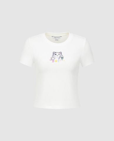  URBAN REVIVO - Áo croptop nữ cổ tròn tay ngắn 