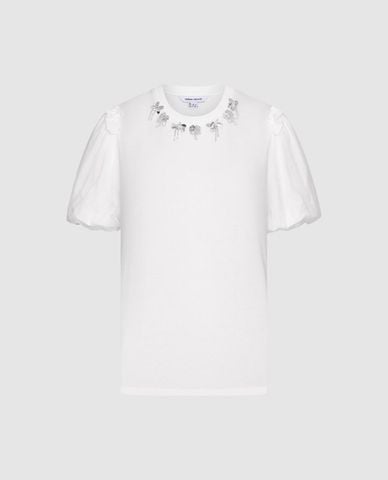  URBAN REVIVO - Áo kiểu nữ cổ tròn tay phồng đính hoa nổi 