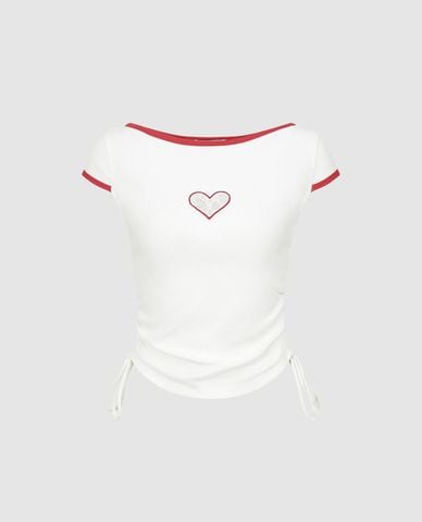  URBAN REVIVO - Áo thun nữ cổ tròn tay ngắn phối dây rút 