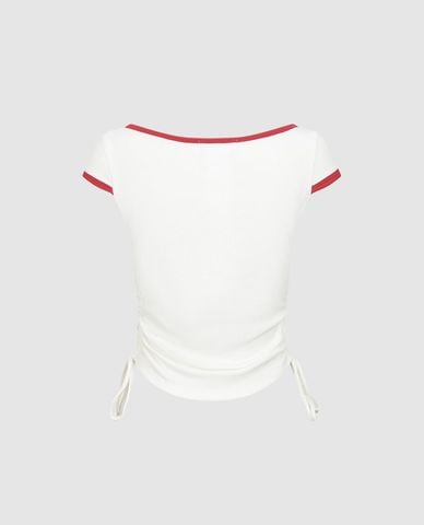  URBAN REVIVO - Áo thun nữ cổ tròn tay ngắn phối dây rút 