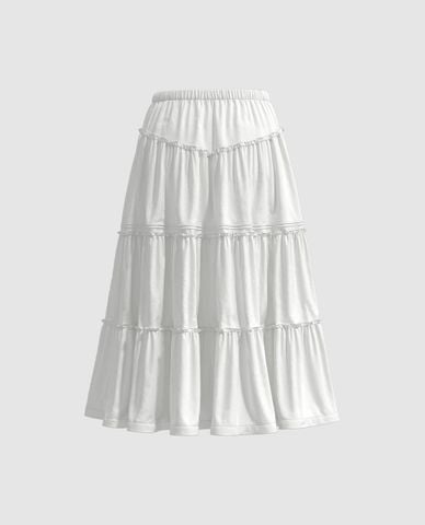  URBAN REVIVO - Chân váy xếp tầng midi lưng thun 