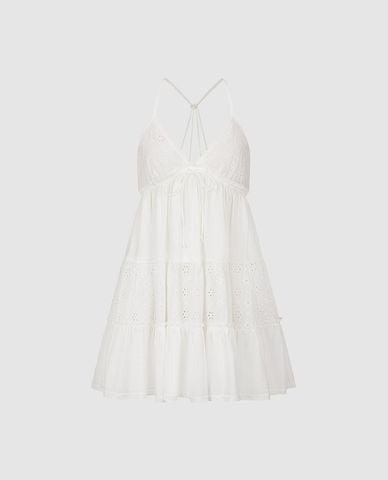  URBAN REVIVO - Đầm hai dây mini thắt nơ thêu hoa nổi 