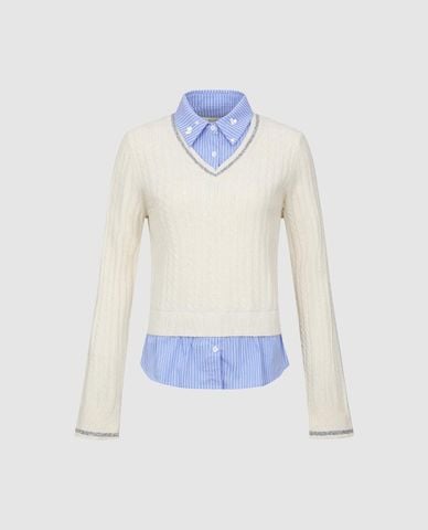  URBAN REVIVO - Áo sweater nữ cổ sơ mi tay dài kẻ sọc 