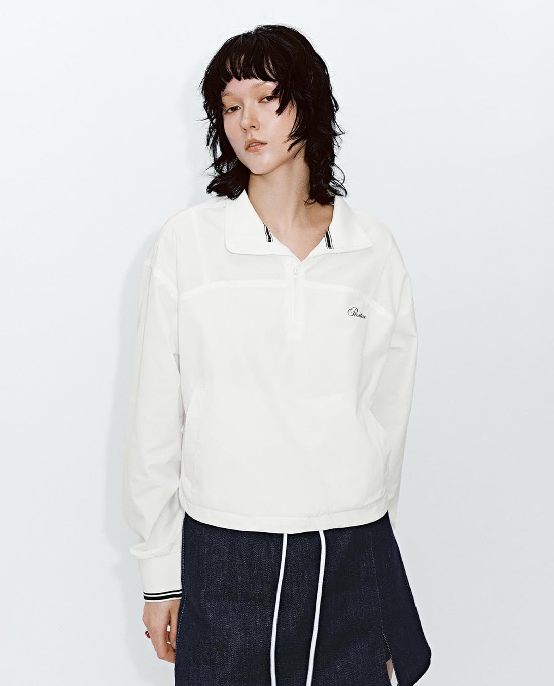 URBAN REVIVO - Áo polo nữ cổ bẻ tay dài phối dây rút