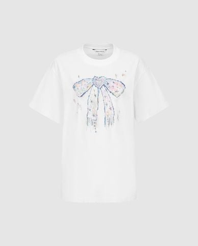  URBAN REVIVO - Áo thun nữ cổ tròn tay ngắn in họa tiết 