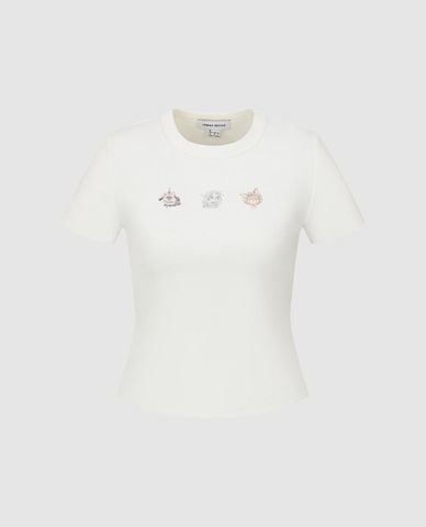  URBAN REVIVO - Áo croptop nữ cổ tròn tay ngắn in họa tiết 