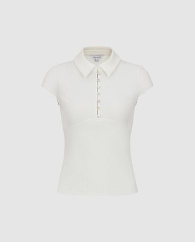  URBAN REVIVO - Áo polo nữ tay ngắn phom ôm phối nút 
