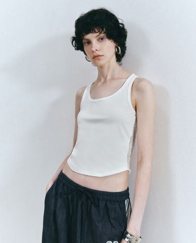  URBAN REVIVO - Áo ba lỗ nữ cổ tròn phối ren 